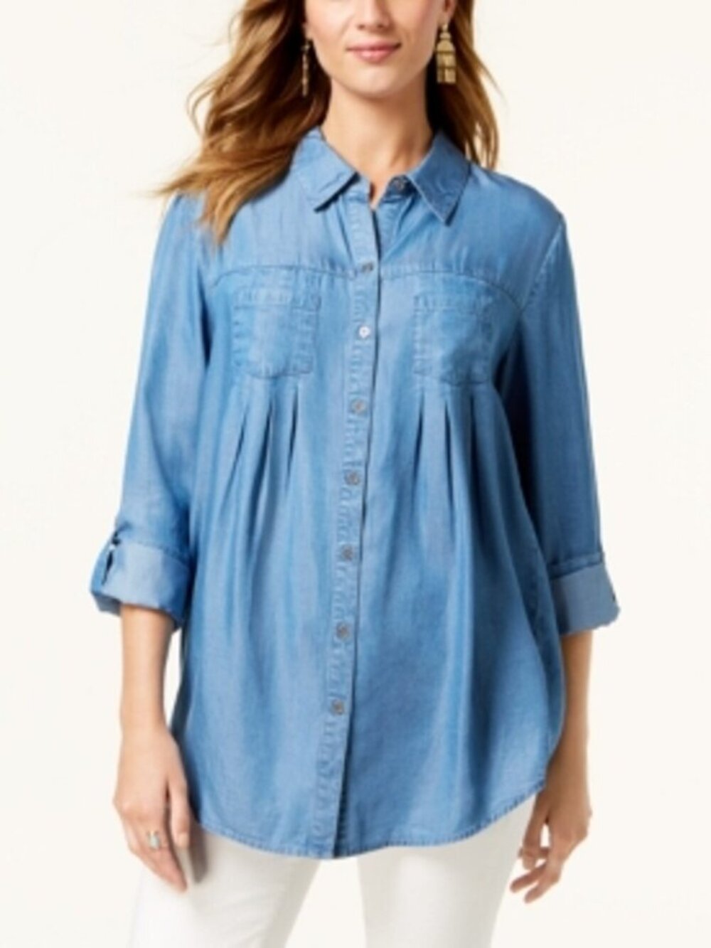Style & Co sz PL Women's Lyocell Denim Shirt Blue Pleats Pockets Long Sleeve